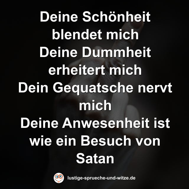 Deine Sch&ouml;nheit blendet mich, Deine Dummheit erheitert mich Dein Gequatsche nervt mich Deine Anwesenheit ist wie ein Besuch von Satan