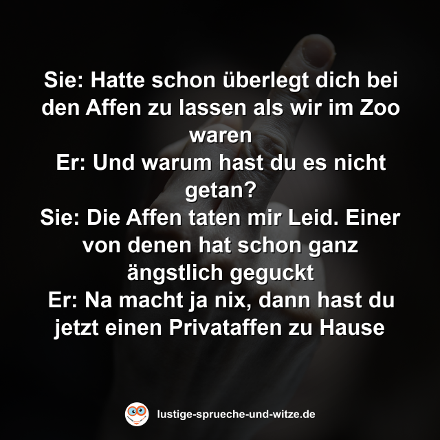 Sie: Hatte schon &uuml;berlegt dich bei den Affen zu lassen als wir im Zoo waren Er: Und warum hast du es nicht getan? Sie: Die Affen taten mir Leid. Einer von denen hat schon ganz &auml;ngstlich geguckt. Er: Na macht ja nix, dann hast du jetzt einen Privataffen zu Hause.