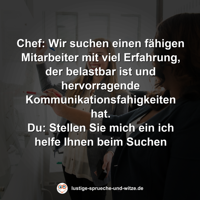 Chef: Wir suchen einen f&auml;higen Mitarbeiter mit viel Erfahrung, der belastbar ist und hervorragende Kommunikationsfahigkeiten hat. Du: Stellen Sie mich ein ich helfe Ihnen beim Suchen